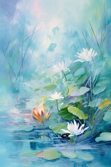 Wall Mural - Oil painting. Metaphorical associative card. Psychological abstract picture. Vertical. Serene water garden with white lotus flowers. Concept of tranquility, purity, and natural beauty