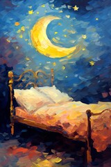 Sticker - Dreamlike scene with a bed under the moon. Concept of dreams, night, and tranquility. Oil painting. Metaphorical associative card. Psychological abstract picture. Vertical