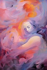 Sticker - Serene girl enveloped in flowing colors. Concept of tranquility, dreams, and introspection. Oil painting. Metaphorical associative card. Psychological abstract picture. Vertical