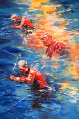 Wall Mural - Swimmers racing in a dynamic abstract water scene. Concept of competition, sport, and energy. Oil painting. Metaphorical associative card. Psychological abstract picture. Vertical