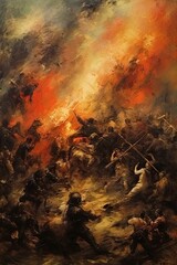 Wall Mural - Chaotic battle scene with fire and figures. Concept of conflict, chaos, and intensity. Oil painting. Metaphorical associative card. Psychological abstract picture. Vertical