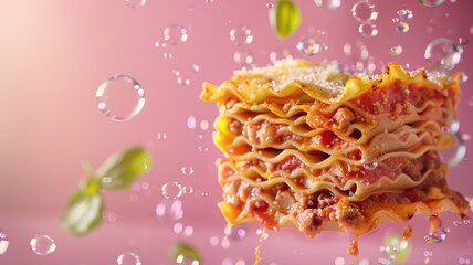 Wall Mural - Delicious lasagna with sauce layers, set against pink background, adorned basil leaves and water droplets