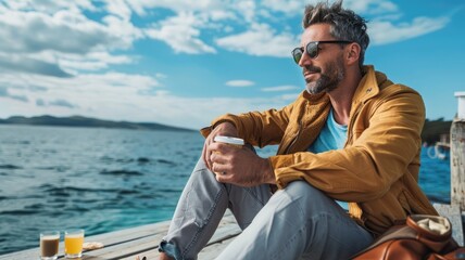 Bearded man in casual attire with sunglasses enjoying coffee by sea