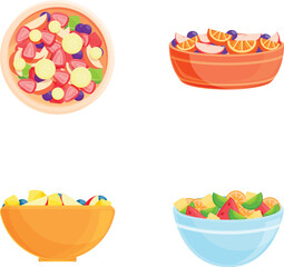 Wall Mural - Fresh salad icons set cartoon vector. Salad with ripe fruit and berry. Healthy nutrition concept