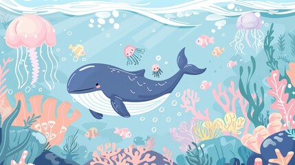 Wall Mural - Watercolor style illustration background landscape ocean where whales, penguins, fish and dolphins are swimming in the summer sea. High quality AI generated image