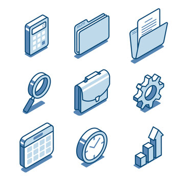 isometric vector set of linear icons of folders with a briefcase and also with a clock and a calculator, in color on a white background, business and finance