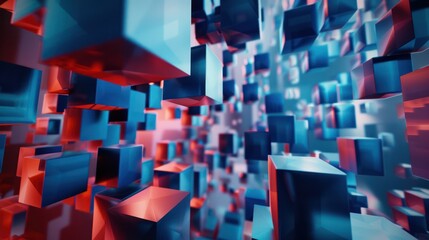 Wall Mural - Abstract 3D Composition with Floating Cubes in Blue and Red