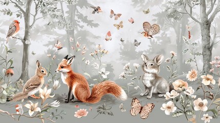 Wall Mural - Cute fox cartoon character. Hand drawing illustration watercolor style fox forest. High quality AI generated image mural and wallpaper