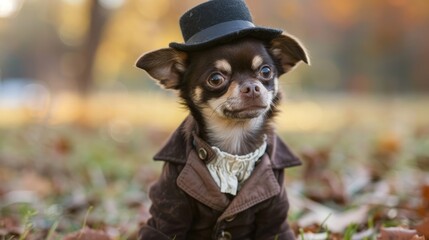 Wall Mural - A small Chihuahua dressed in attire plays at the park