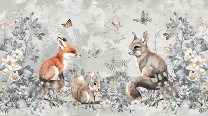 Wall Mural - Cute fox cartoon character. Hand drawing illustration watercolor style fox forest. High quality AI generated image mural and wallpaper