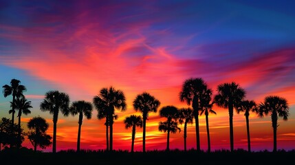 Wall Mural - Palm Trees Silhouetted Against a Colorful Sunset Capture the beauty of palm trees standing tall against a vibrant sunset. The sky should be a blend of oranges, pinks, and purples.