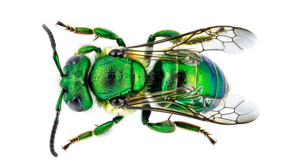 A close-up photograph of a stunning emerald green bee with translucent wings, captured against a white background