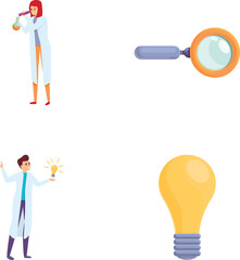 Poster - Scientific study icons set cartoon vector. Scientist making various research. Technology, science, education
