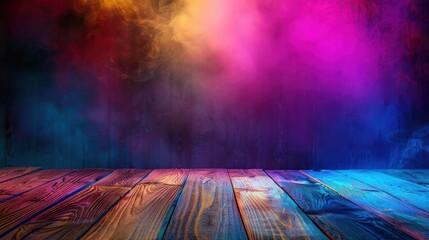 Wall Mural - A colorful background with smoke and a wooden floor. Scene is vibrant and energetic