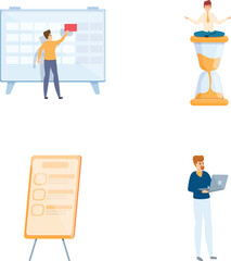 Poster - Business planning icons set cartoon vector. People managing time effectively. Work organization, productivity concept