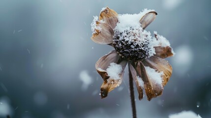 Poster - Close up photography of a wilted flower covered in snow