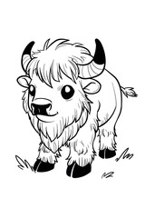 Wall Mural - A cartoon drawing of a baby bison in black and white, standing on grass