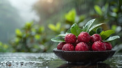 Wall Mural - Cherries in a Bowl Under Rain