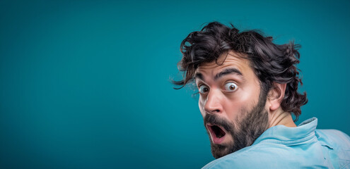 A man with a beard and a blue shirt is looking at the camera with his mouth open. Concept of surprise or shock, as if the man is caught off guard or taken aback by something