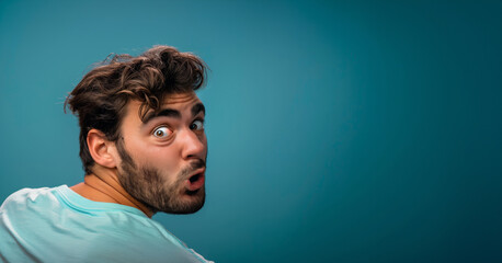 Wall Mural - A man with a beard and a blue shirt is looking at the camera with his mouth open. Concept of surprise or shock, as if the man is caught off guard or taken aback by something