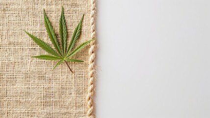 Cannabis leaf on burlap fabric with white background Green natural textile