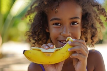 a little girl holding a banana in her mouth, a beautiful girl eating a yellow banana