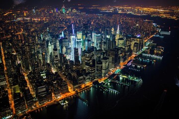Poster - a city at night with lights shining on the buildings, Aerial views providing a unique perspective of illuminated skylines