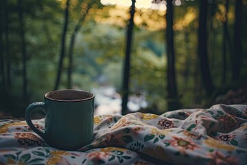 Fototapete - a cup of coffee sitting on a wooden table, Cozy morning rituals surrounded by trees and the soothing warmth of a cup