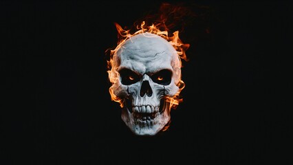 Creepy skull on fire, glowing in the middle of a pitch-black background.