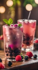 Wall Mural - Iced bubble tea on wooden table in cafe Fashionable modern coffee shop Food photography Asian beverage with ice and tapioca balls in disposable cup Tasty cold sweet colorful drink with berries 4k