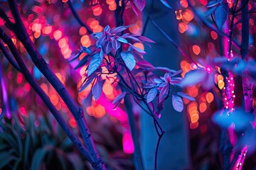 Poster - a garden with flowers and lights in the dark, Enchanting neon botanical gardens