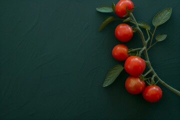 Wall Mural - Cherry tomatoes on a branch on a dark green background