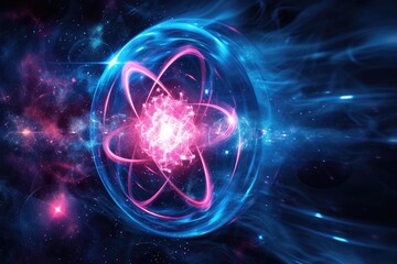 Fototapete - a computer screen with a glowing sphere in the middle, Explore the principles of nuclear physics
