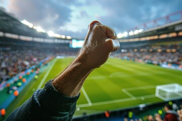 Wall Mural - Fans Fist Pump During a Soccer Game at a Stadium Under Cloudy Skies