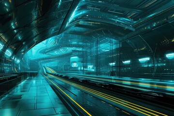 Aufkleber - a futuristic city with a futuristic train track, Futuristic neon transportation hubs