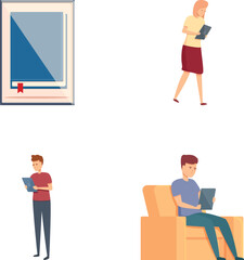 Poster - Online reading icons set cartoon vector. People reading book in digital library. Modern educational technology