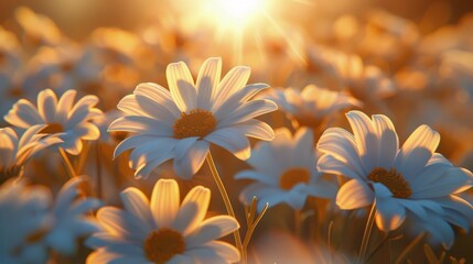 Wall Mural - Field of Daisies With Sun Background