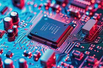 Fototapete - a computer circuit board with red and blue lights, Investigate the behavior of semiconductor devices