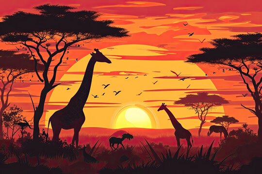 a giraffe and other animals in a field at sunset, Safari adventure: Create a background resembling a wildlife expedition