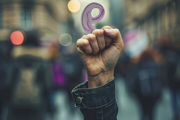 Poster - a person holding a purple number in their hand, Support women's rights and equality