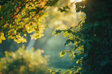 Aufkleber - a tree with yellow leaves in the sunlight, Vibrant morning images of trees in soft light, creating a serene backdrop for sipping a beverage