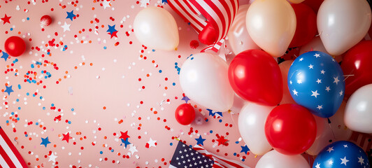 a festive arrangement of red, white, and blue balloons, accompanied by american flags and scattered 