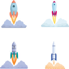 Poster - Rocket ship icons set cartoon vector. Rocket launch and fire flame. Aviation and space