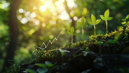 A group of plants growing on a hillside with a line going up, representing growth.