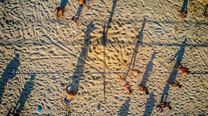 An artistic aerial shot captures people strolling on a beach, casting electric blue shadows on the sandy slope, creating a stunning pattern resembling terrestrial animal prints AIG50