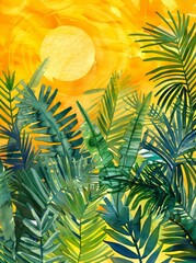 Wall Mural - The green tropical tree plant leaf yellow sun power exotic jungle landscape wood outdoor garden is a forest pattern foliage background art illustration design