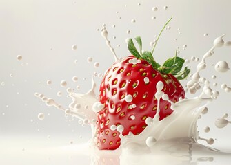 The image shows a milk or yogurt splash with strawberries in 3D on a white background.