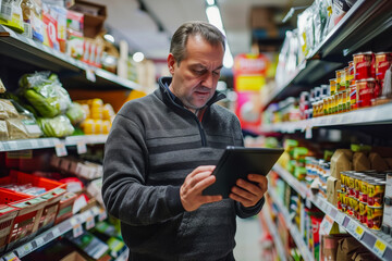 Supermarket owner using a digital tablet