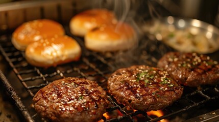 Sticker - During self isolation homemade burger buns and juicy meat cutlets sizzle on the hot iron grill ready for frying