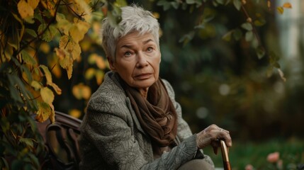 Wall Mural - An elderly woman sitting on a bench holding an umbrella. AI.